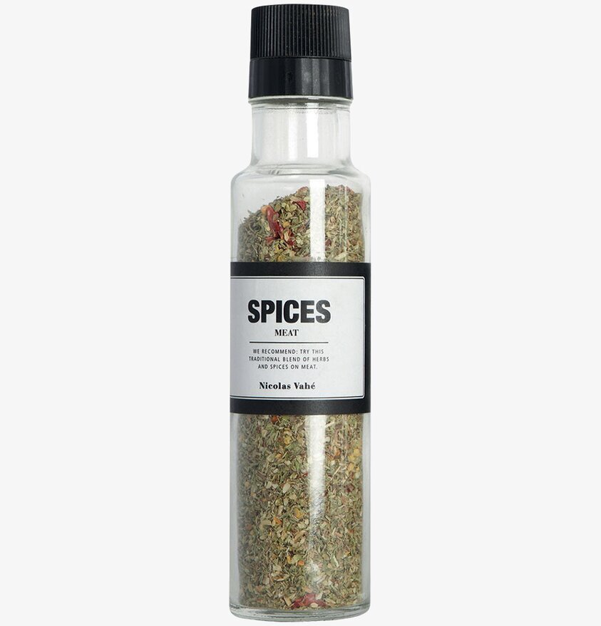 Kryddmix Meat från Nicolas Vahé i genomskinlig glasburk