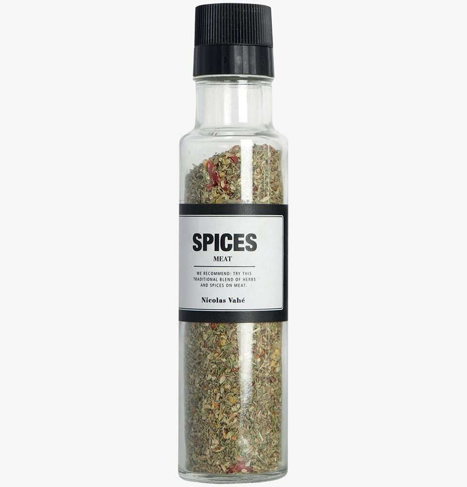 Kryddmix Meat från Nicolas Vahé i genomskinlig glasburk