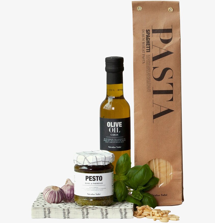 Spagetti Box från Nicolas Vahé med olivolja och pesto