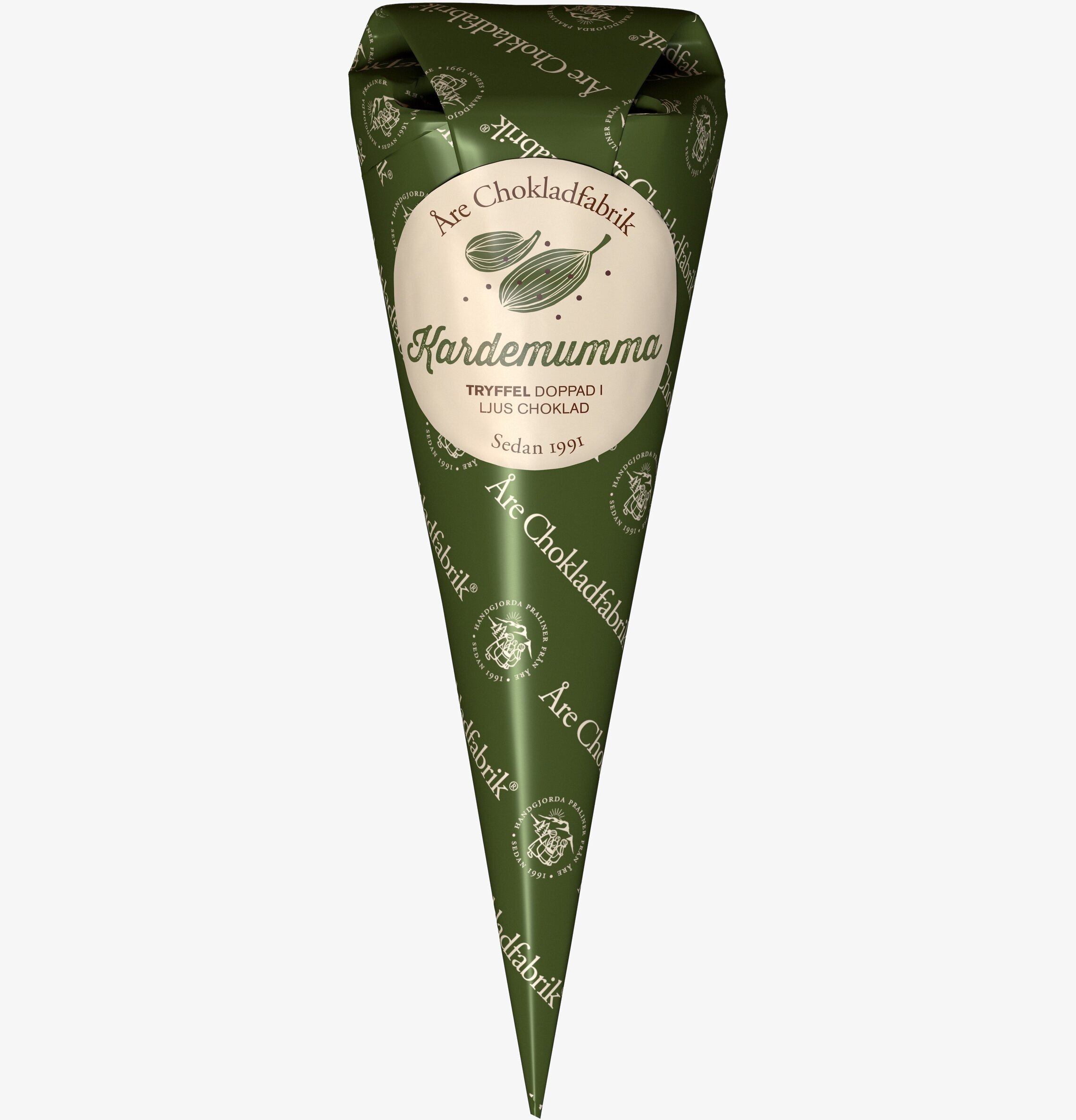 Kardemummatryffel från Åre Chokladfabrik i grön kon