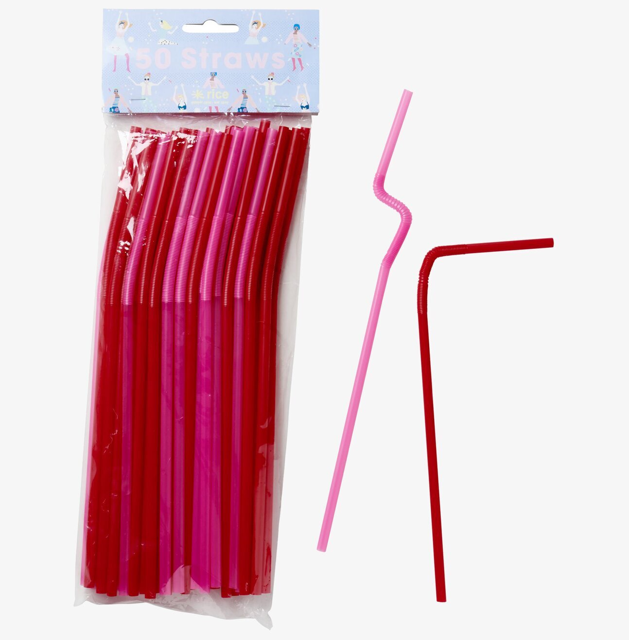 Böjbara Sugrör från Rice i röd och rosa, 50-pack, plast