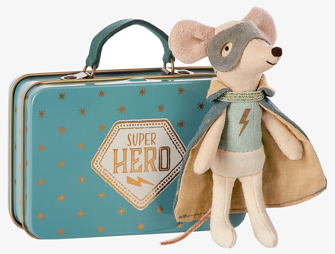 Mouse Guardian Hero från Maileg med koffert och superhjältecape