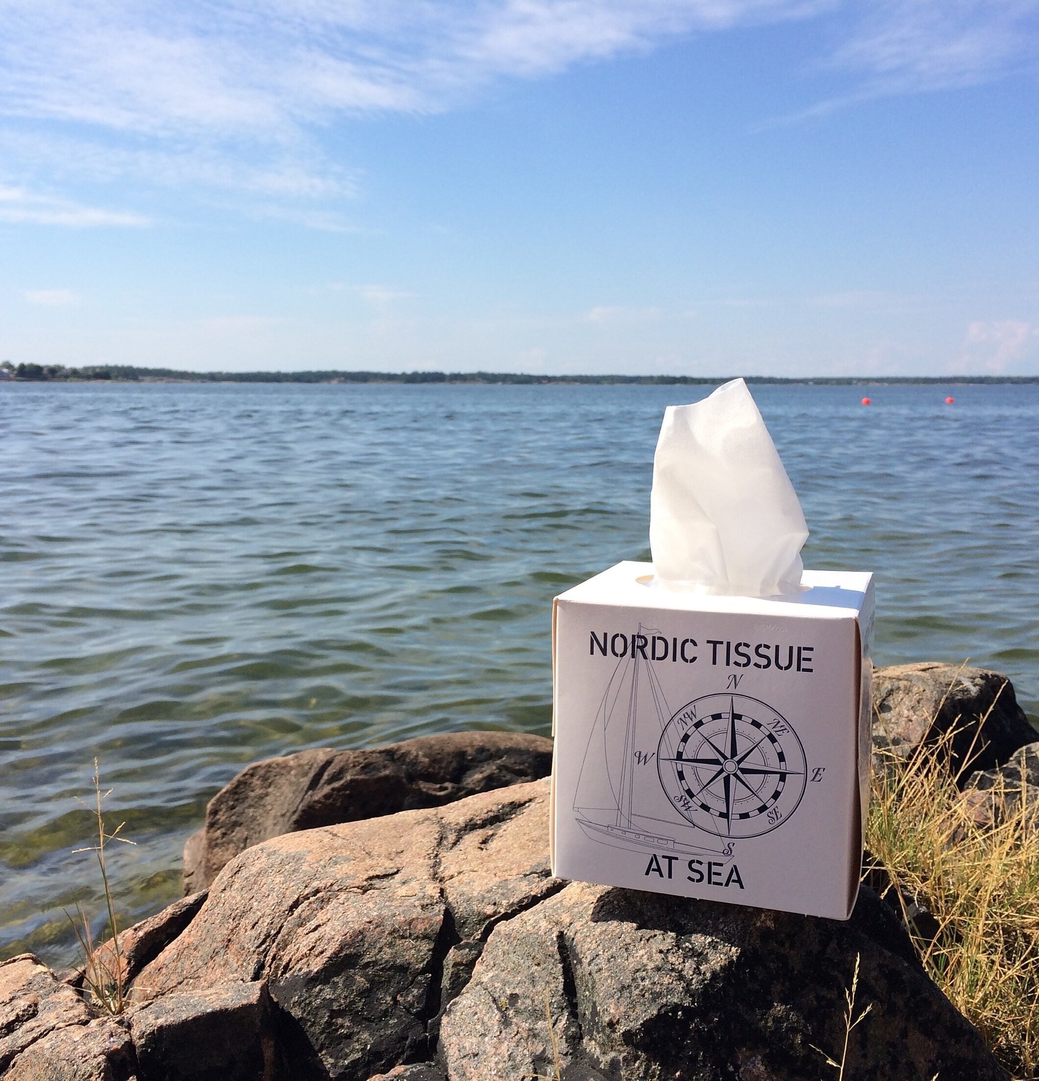 Servettbox At Sea från Nordic Tissue på en klippa vid sjön