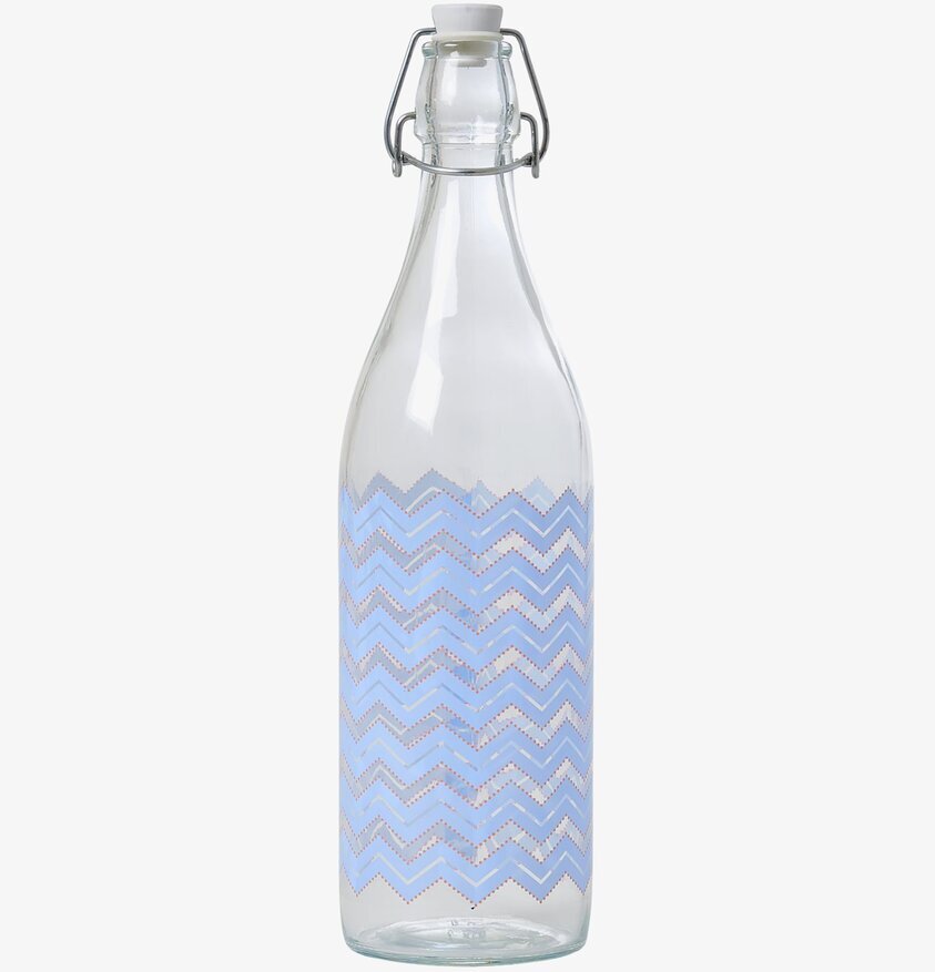 Glasflaska Chevron Print från Rice med ljusblå zigzag-linjer