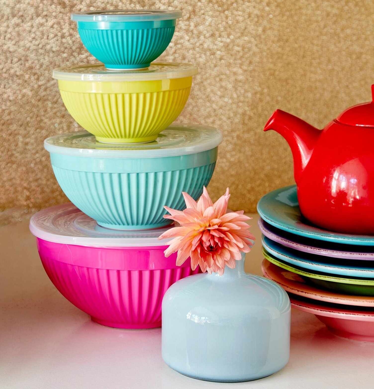 Skålar Melamin 4-Pack från Rice med lock i färgglada toner