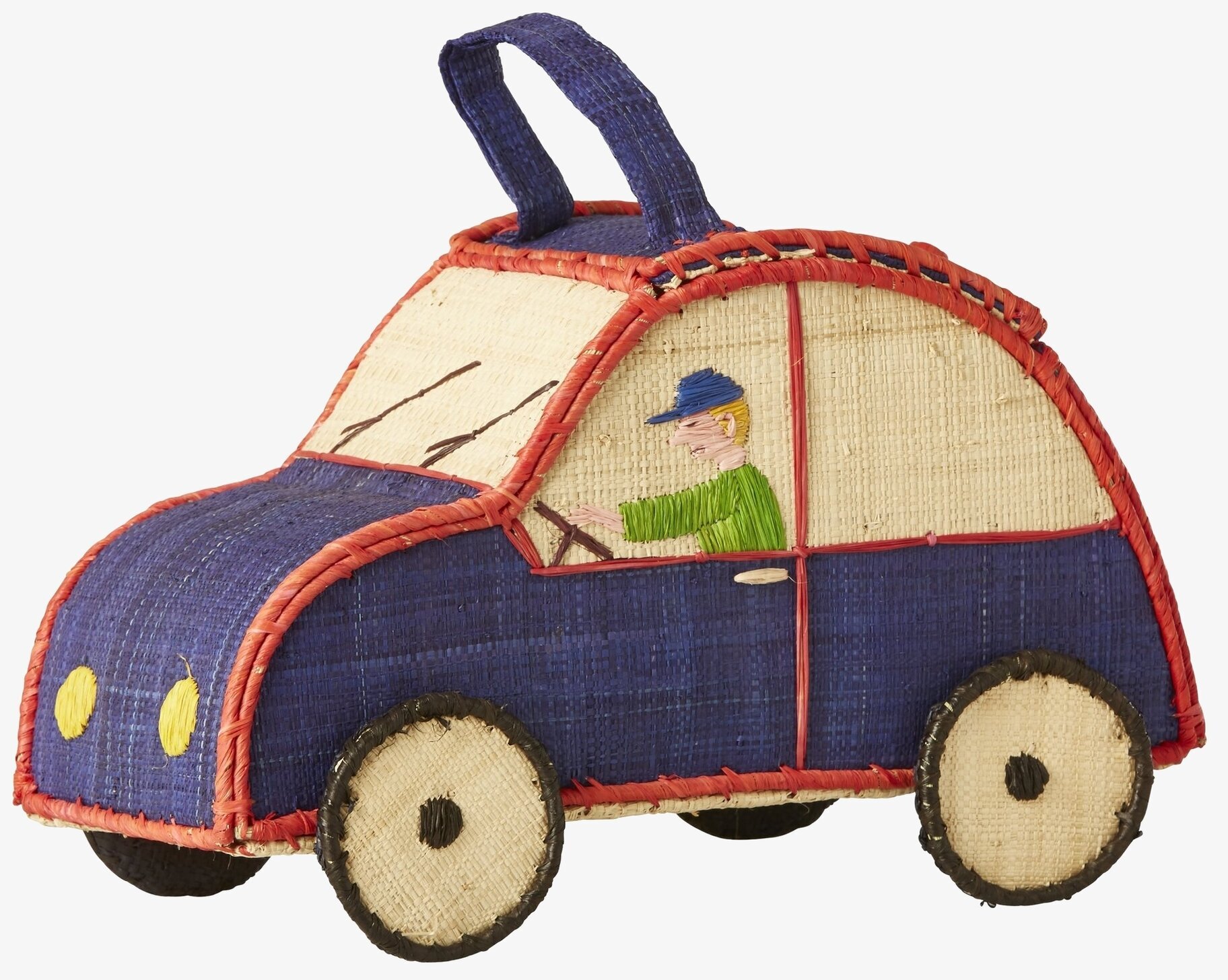 Raffiaväska Bil från Rice, blå och beige, med röd ram