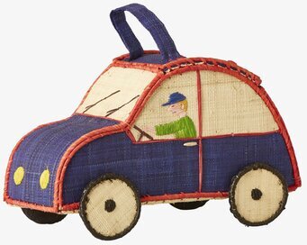 Raffiaväska Bil från Rice, blå och beige, med röd ram