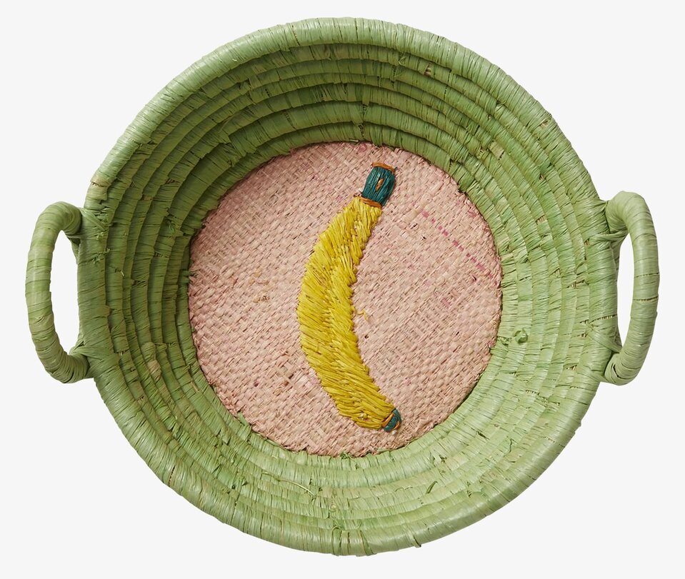 Liten Raffiakorg från Rice med grön väv och bananbroderi
