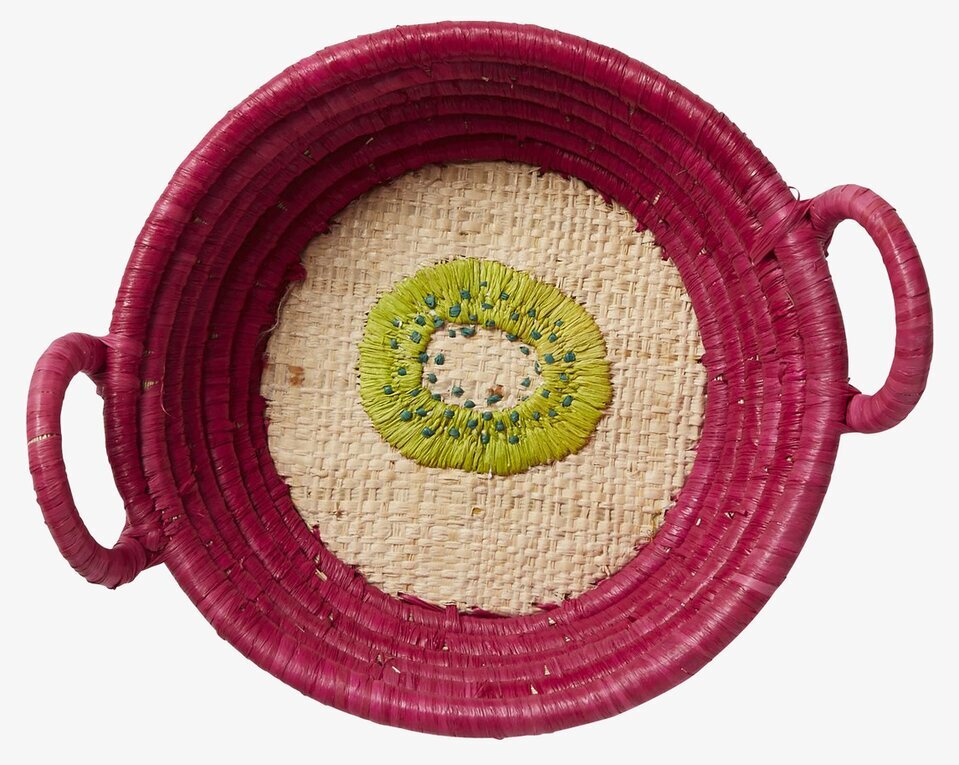 Liten Raffiakorg från Rice med rosa kant och kiwi-motiv