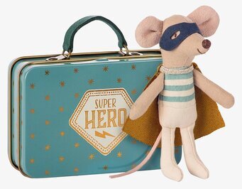 Superhero Mouse från Maileg i turkos dräkt med blå mask