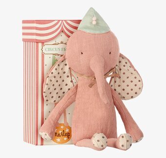 Circus Friends Elephant Rose från Maileg framför sin låda