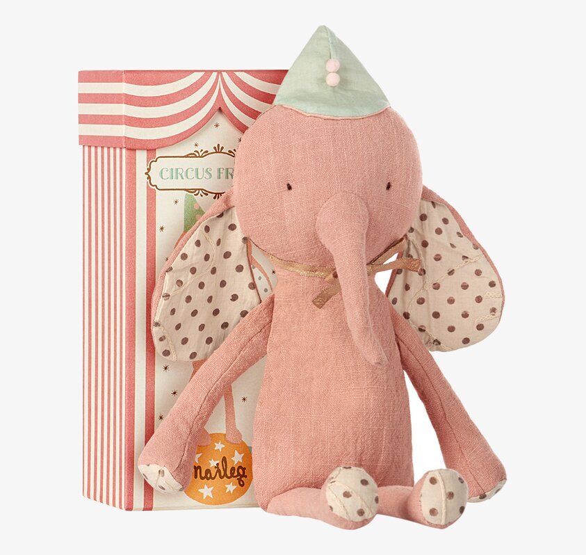 Circus Friends Elephant Rose från Maileg framför sin låda