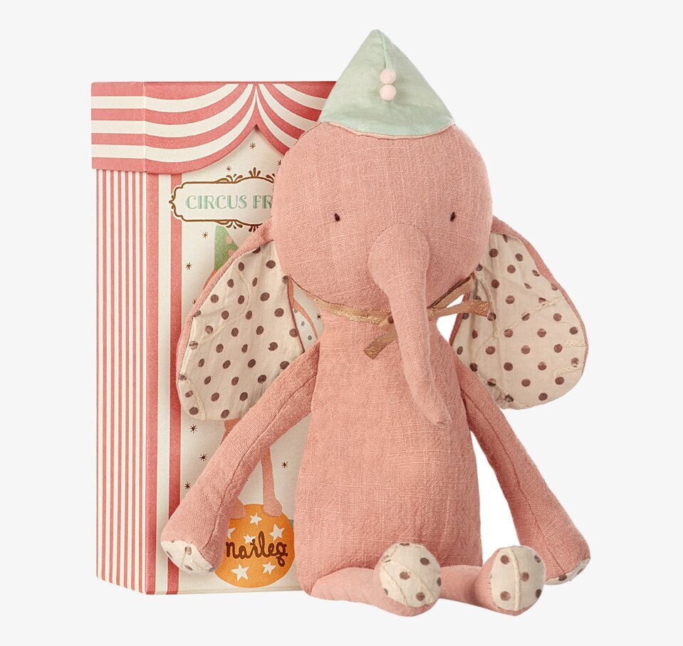 Circus Friends Elephant Rose från Maileg framför sin låda