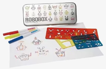 Robobox från Worldwide co med färgpennor och schabloner