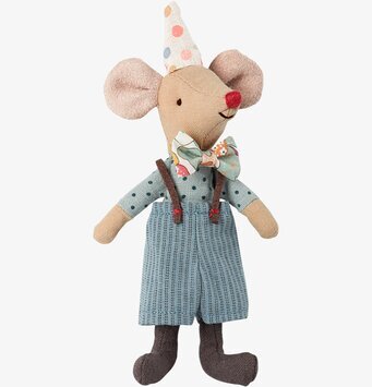 Mouse Clown från Maileg i färgglad clowndräkt och hatt
