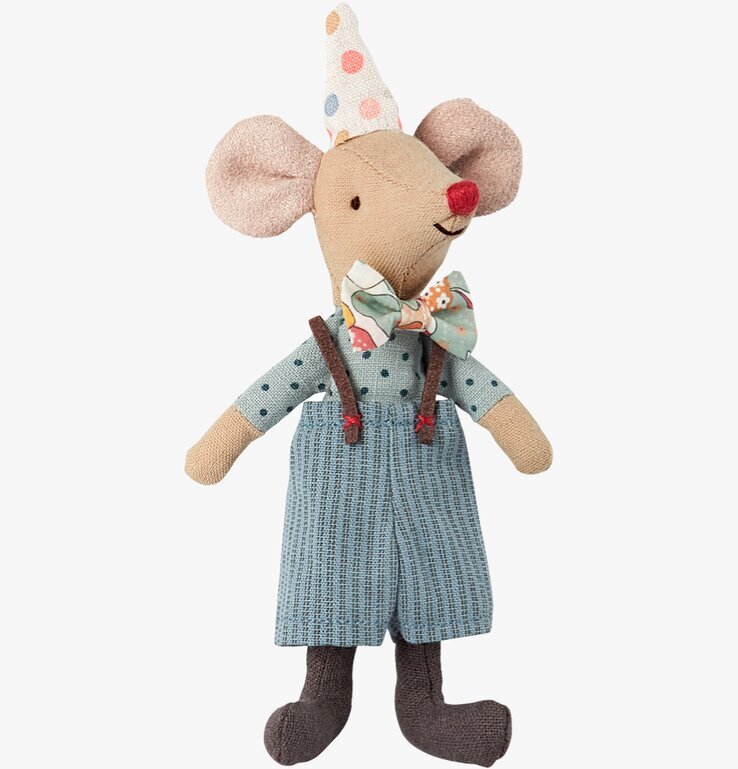Mouse Clown från Maileg i färgglad clowndräkt och hatt