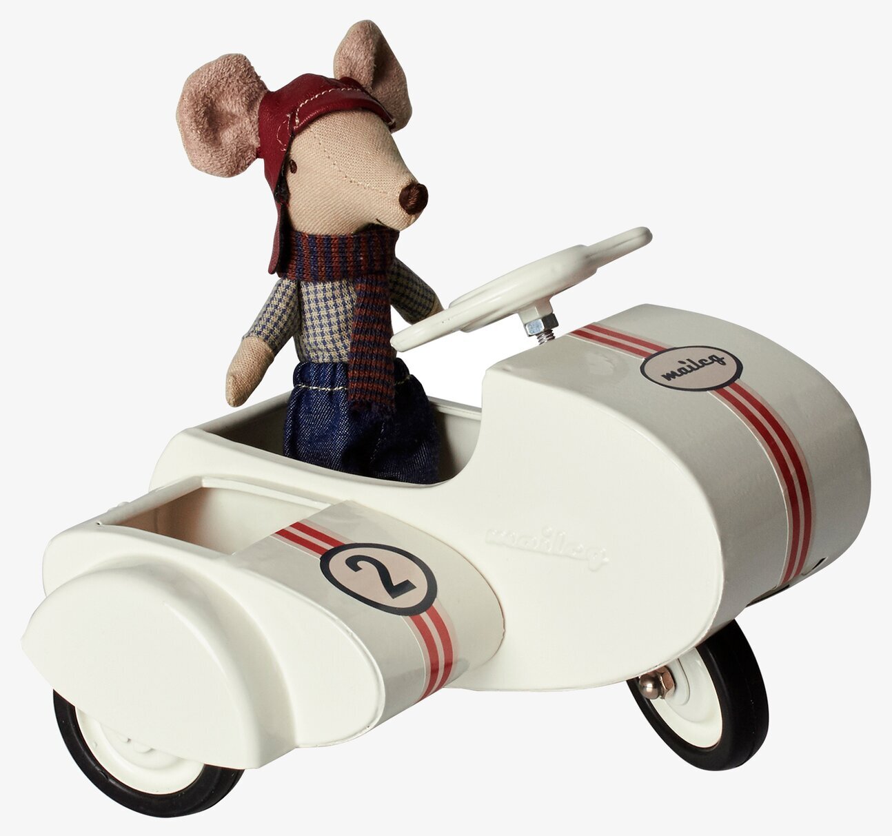 Scooter /Sidecar Vit från Maileg med mus i rutig skjorta