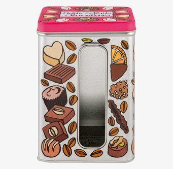 Bild av färgglad plåtburk med illustrationer och fönster