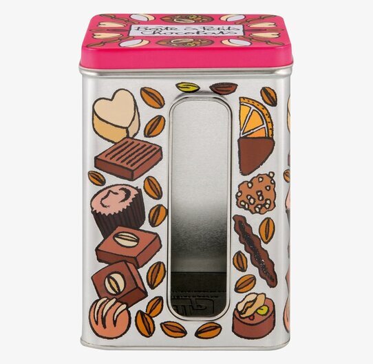 Plåtburk Praliner från Derriére la porte med färgglada motiv