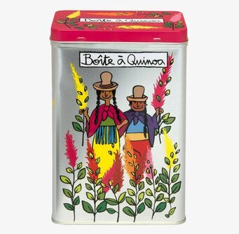 Bild av färgglad plåtburk för quinoa i köksmiljö