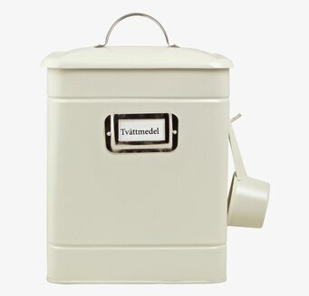 Bild av stilren plåtburk för tvättmedelsförvaring