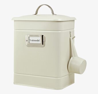 Foto av stilfull plåtburk för tvättmedelsförvaring