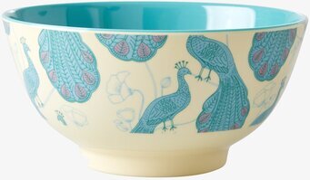 Skål Peacock Print från Rice med påfågelmotiv och turkos insida
