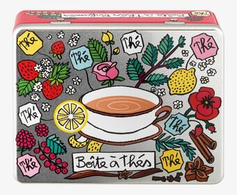 Bild av färgglad plåtburk för tepåsar med illustrationer