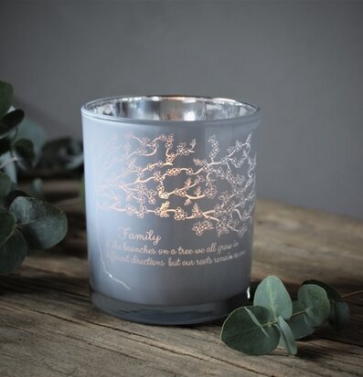 Bild av ljuslykta med trädmotiv och eukalyptusblad