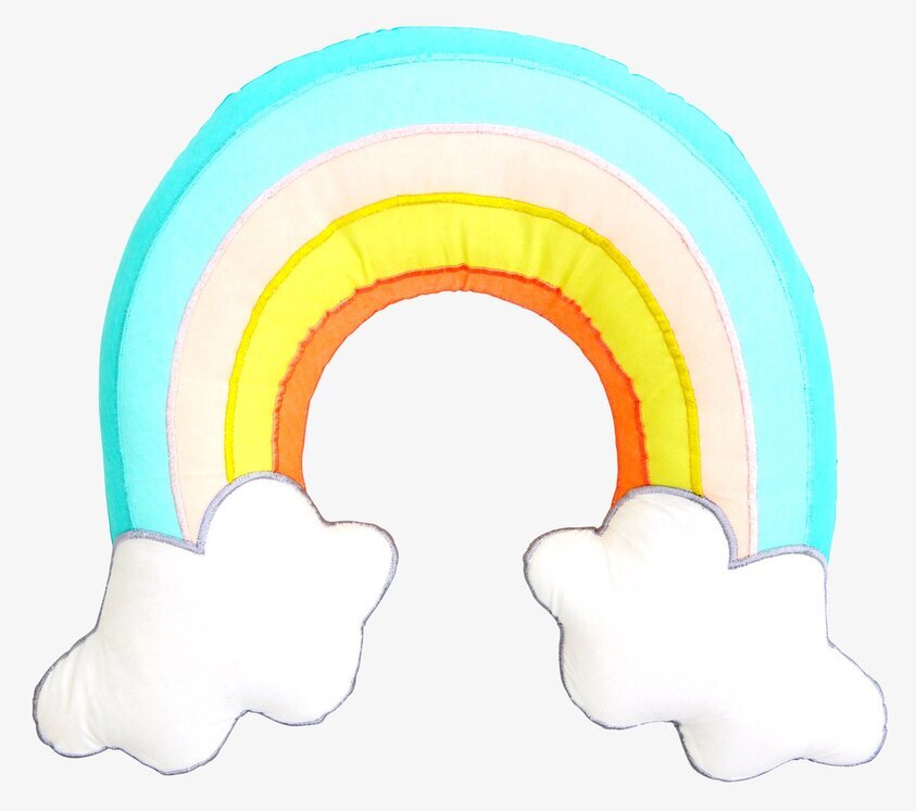 Kudde Regnbåge från Rice med färgglada fält och vita moln