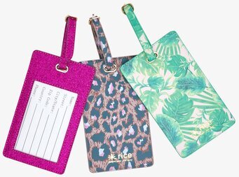 Bagage Tag från Rice i tre mönster på vit bakgrund