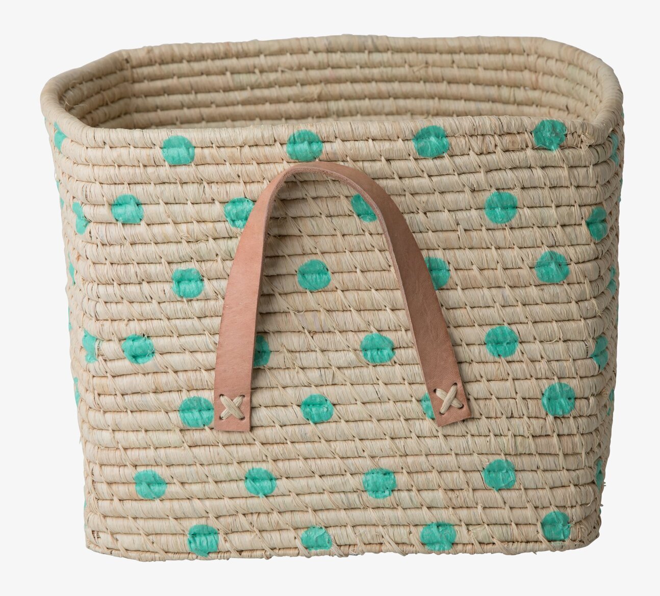 Raffiakorg Green Dots från Rice med gröna prickar och läderhandtag