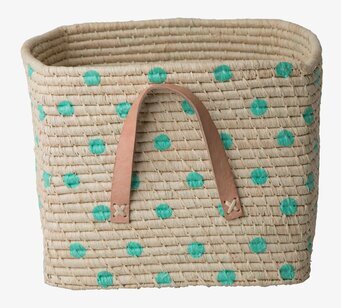 Raffiakorg Green Dots från Rice med gröna prickar och läderhandtag