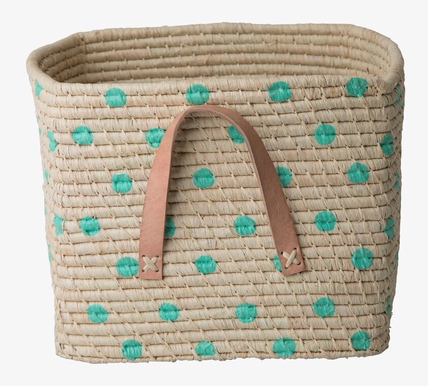 Raffiakorg Green Dots från Rice med gröna prickar och läderhandtag