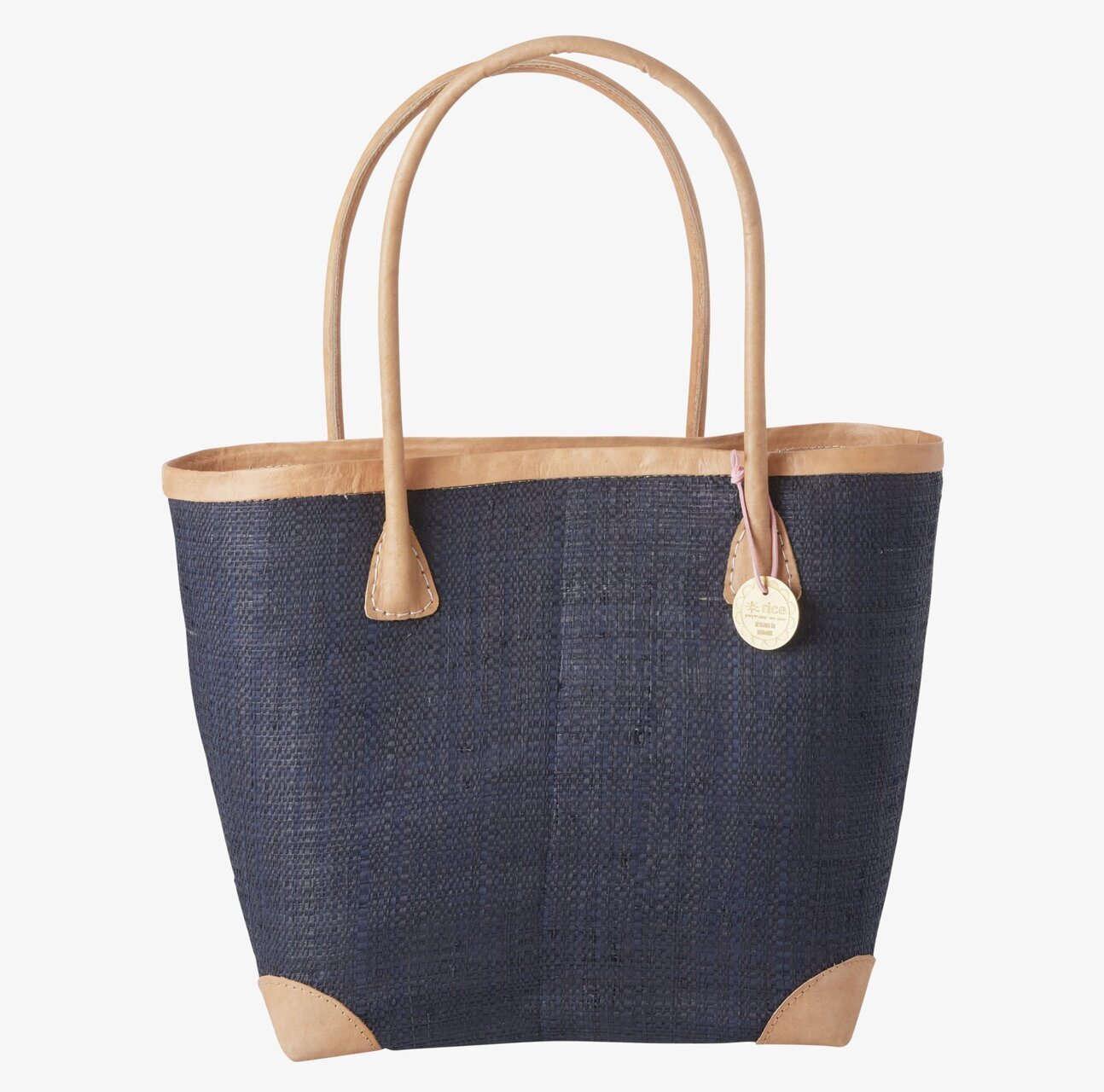 Raffiaväska Medium Mörkblå från Rice med läderdetaljer