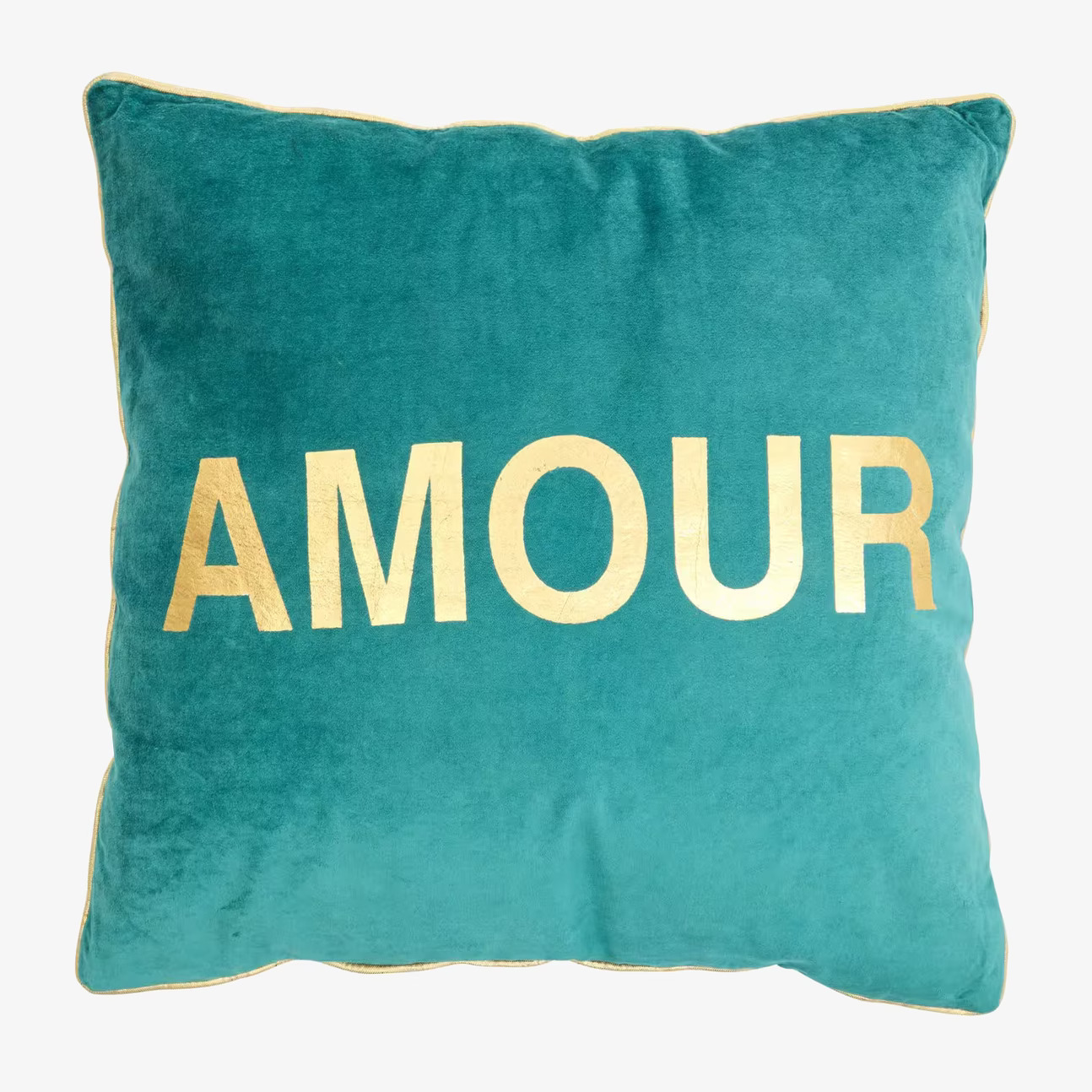Sammetskudde Amour från Rice i turkos med gyllene text