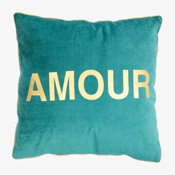 Sammetskudde Amour från Rice i turkos med gyllene text