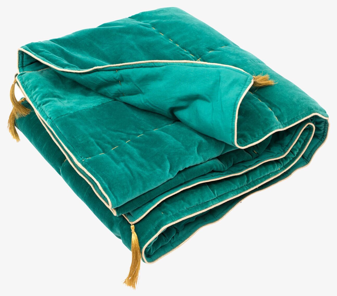 Sammetsfilt Jade från Rice med gyllene tofsar och quiltning
