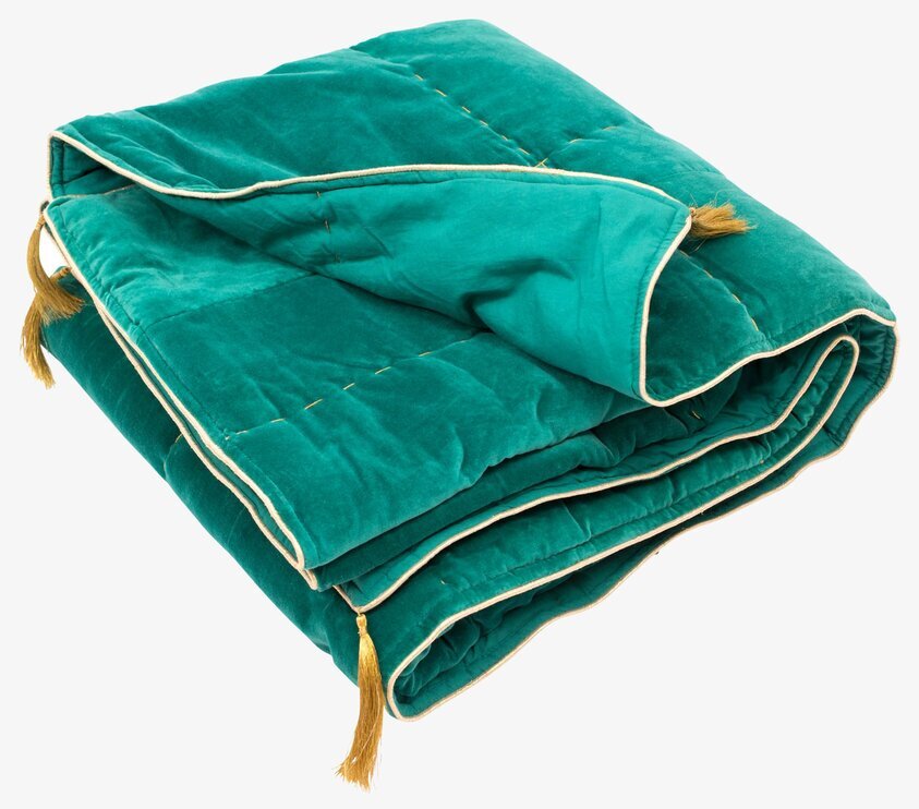 Sammetsfilt Jade från Rice med gyllene tofsar och quiltning