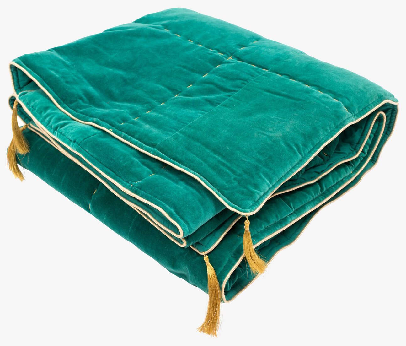Sammetsfilt Jade från Rice i grön sammet med guldkanter