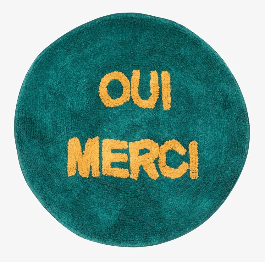 Matta - Oui Merci från Rice, rund och färgstark med text