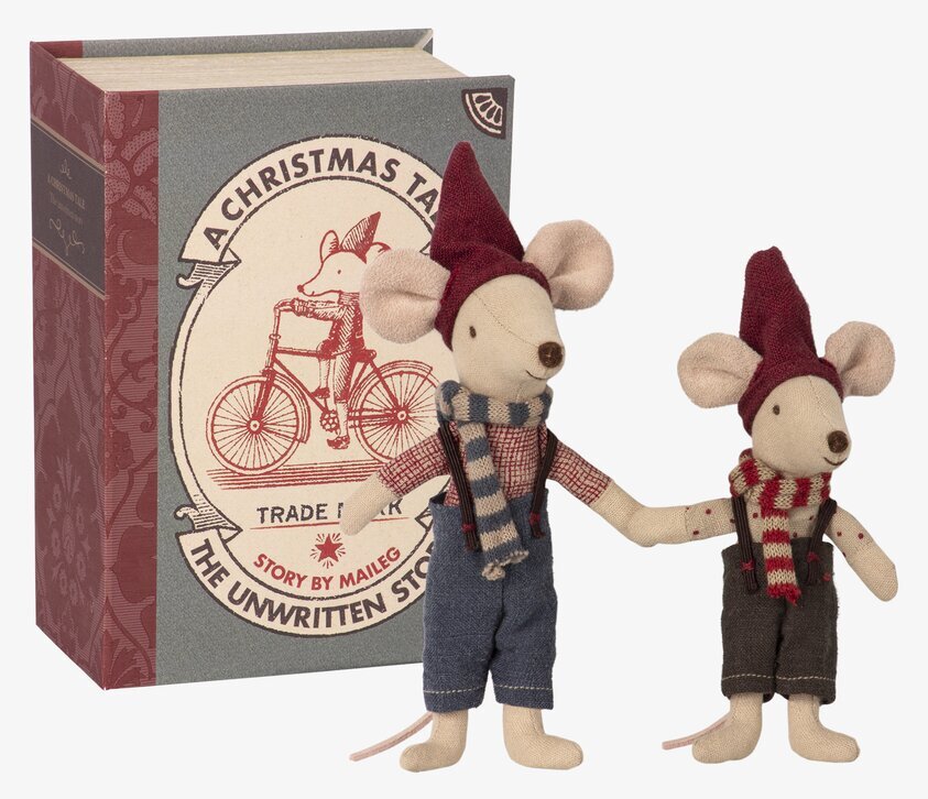 Julmöss I Bok från Maileg, två tygmöss i dekorativ boklåda