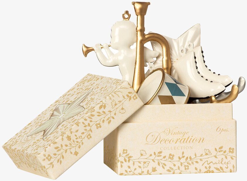 Box Julpynt Vit/Guld från Maileg med sex juldekorationer