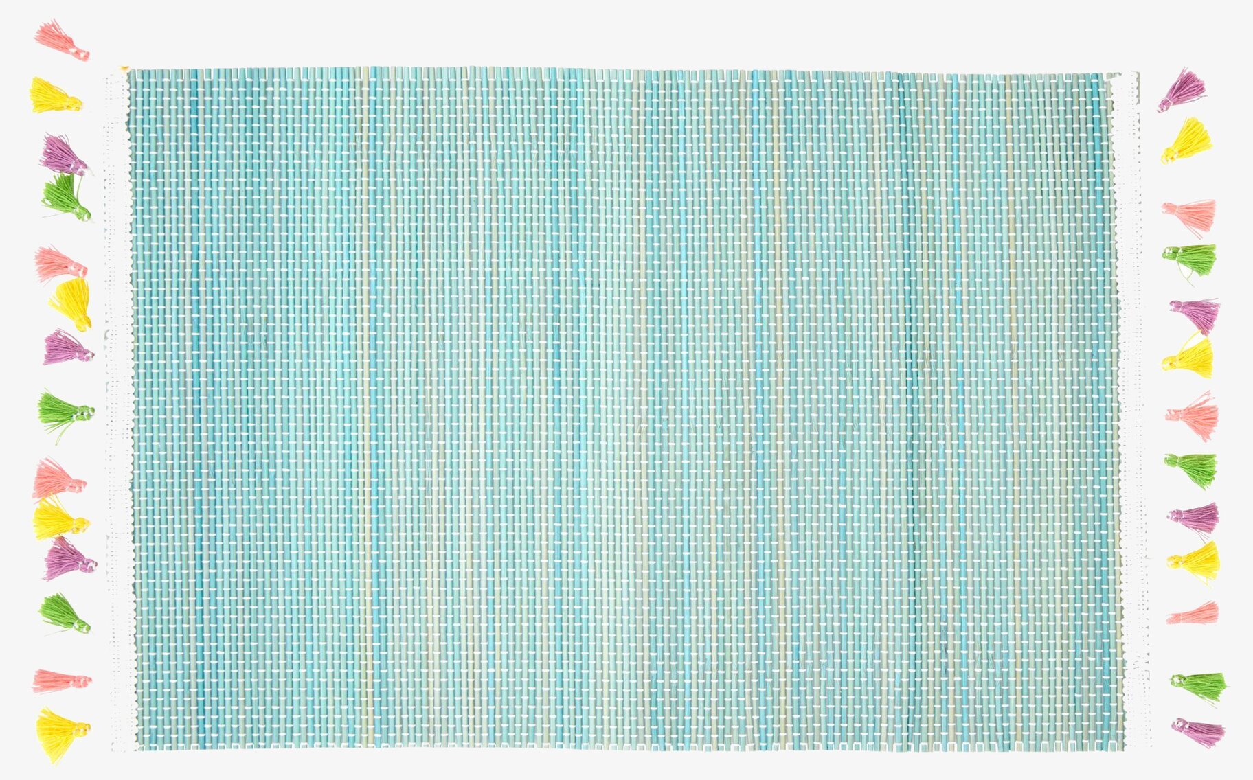 Bordsunderlägg Tassel från Rice med turkos färg och tofsar