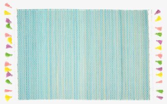 Bordsunderlägg Tassel från Rice med turkos färg och tofsar