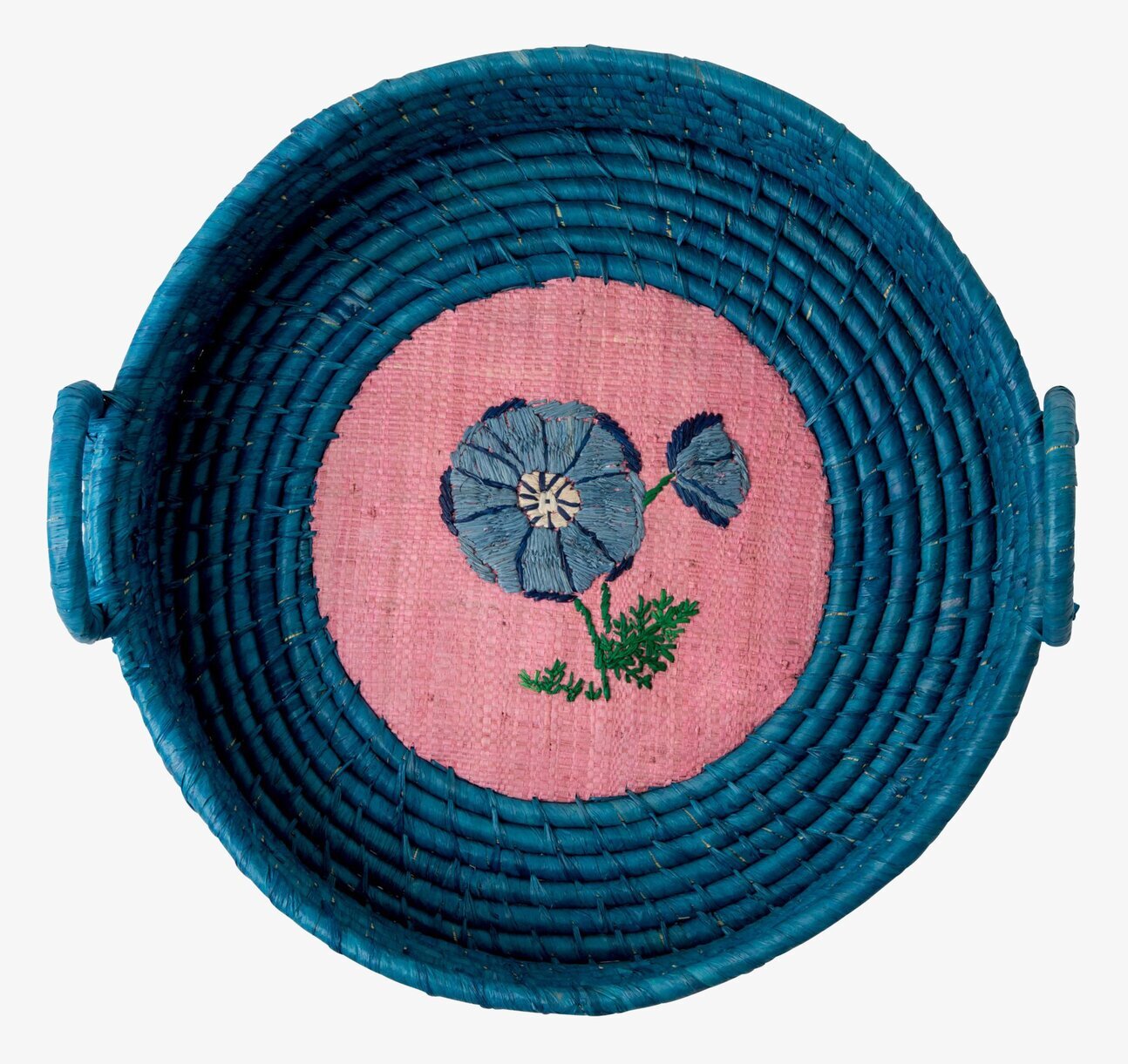 Broderad Brödkorg från Rice med blått flätverk och blomma