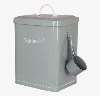 Bild av grön plåtburk för tvättmedel med stilren design