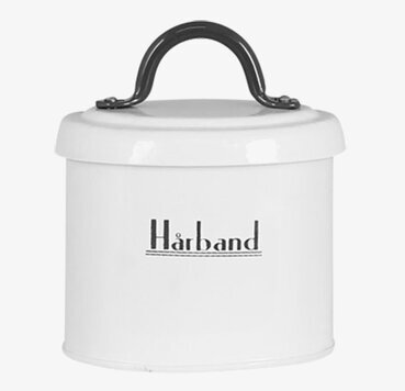 Plåtburk Hårband från Strömshaga, vit med svart text