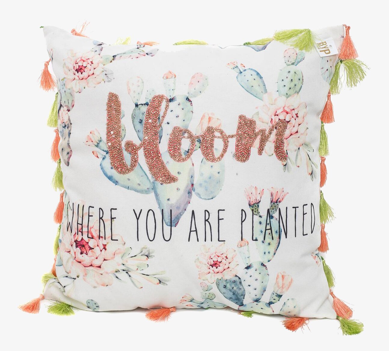 Kudde - Bloom från By Mrs P med blommönster och tofsar