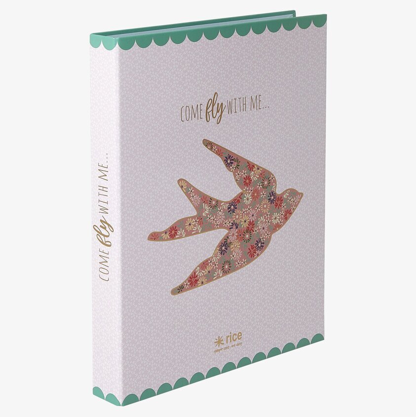 Pärm A4 Pink Flower Print från Rice med blommor och fågel